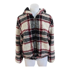 Bershka Size Medium Hooded Plaid Full Zip Jacket Red Black White Long Sleeves